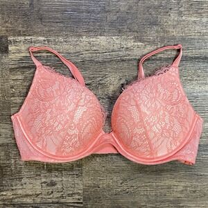 Victoria's Secret Very Sexy Push Up Bra 34B Coral Lace Padded Romantic Coquette